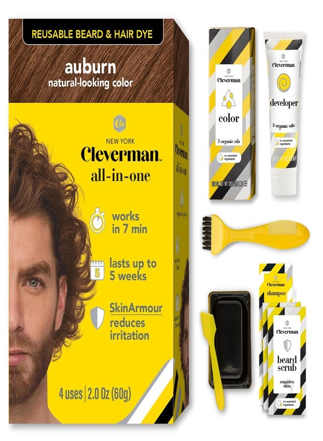 Cleverman Hair & Beard Dye Kit for Men, All-in-One Reusable Mens Hair Color, Natural Gray Coverage, Ammonia-Free Beard Mustache Dye for Men (Auburn) - Image 1